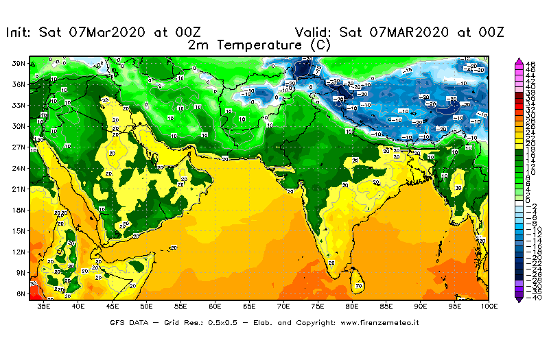 Mappa di analisi GFS - Temperatura a 2 metri dal suolo [°C] in Asia Sud-Occidentale
							del 07/03/2020 00 <!--googleoff: index-->UTC<!--googleon: index-->