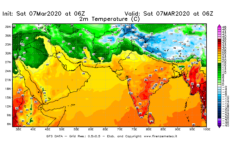 Mappa di analisi GFS - Temperatura a 2 metri dal suolo [°C] in Asia Sud-Occidentale
							del 07/03/2020 06 <!--googleoff: index-->UTC<!--googleon: index-->