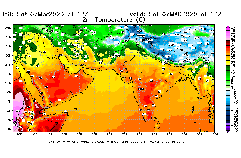 Mappa di analisi GFS - Temperatura a 2 metri dal suolo [°C] in Asia Sud-Occidentale
							del 07/03/2020 12 <!--googleoff: index-->UTC<!--googleon: index-->
