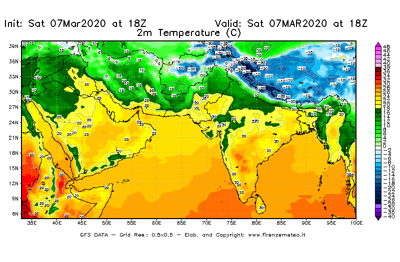 Mappa di analisi GFS - Temperatura a 2 metri dal suolo [°C] in Asia Sud-Occidentale
							del 07/03/2020 18 <!--googleoff: index-->UTC<!--googleon: index-->