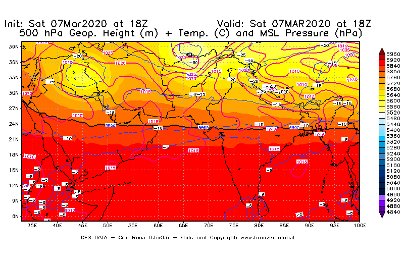 Mappa di analisi GFS - Geopotenziale [m] + Temp. [°C] a 500 hPa + Press. a livello del mare [hPa] in Asia Sud-Occidentale
							del 07/03/2020 18 <!--googleoff: index-->UTC<!--googleon: index-->