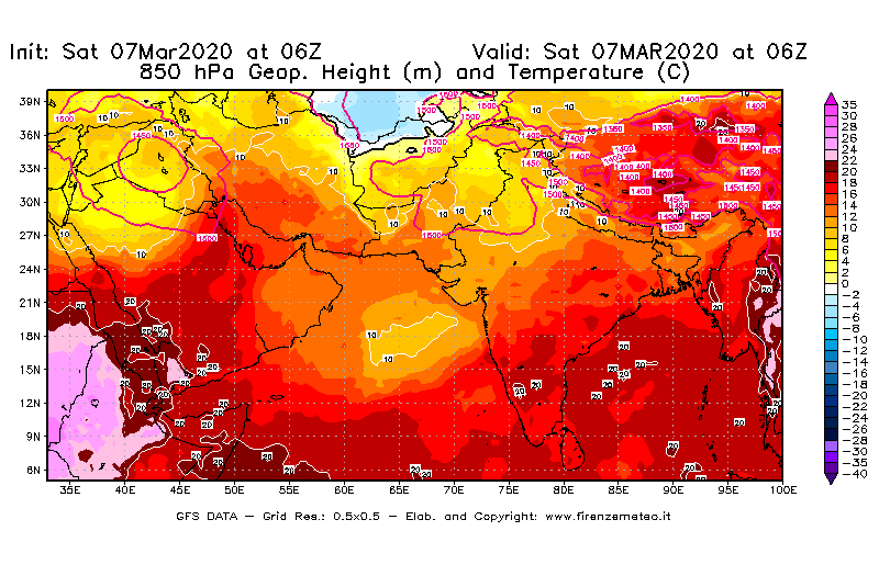 Mappa di analisi GFS - Geopotenziale [m] e Temperatura [°C] a 850 hPa in Asia Sud-Occidentale
							del 07/03/2020 06 <!--googleoff: index-->UTC<!--googleon: index-->