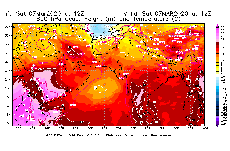 Mappa di analisi GFS - Geopotenziale [m] e Temperatura [°C] a 850 hPa in Asia Sud-Occidentale
							del 07/03/2020 12 <!--googleoff: index-->UTC<!--googleon: index-->