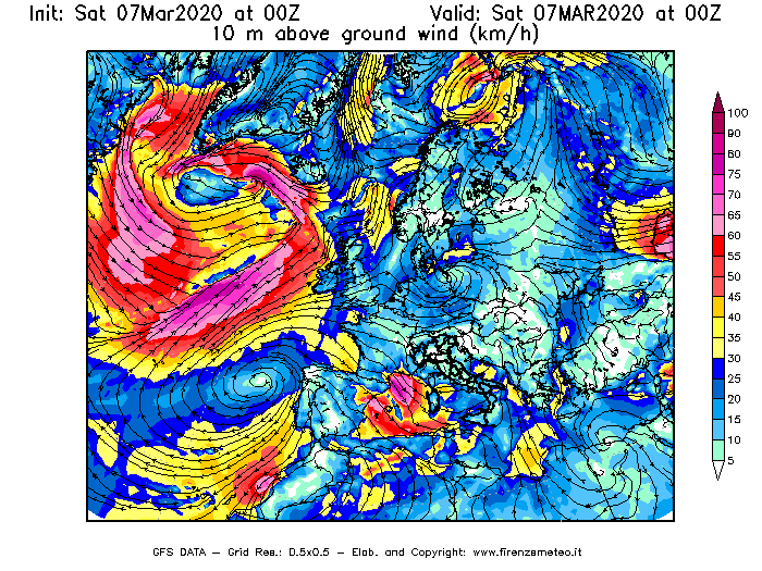 Mappa di analisi GFS - Velocità del vento a 10 metri dal suolo [km/h] in Europa
							del 07/03/2020 00 <!--googleoff: index-->UTC<!--googleon: index-->