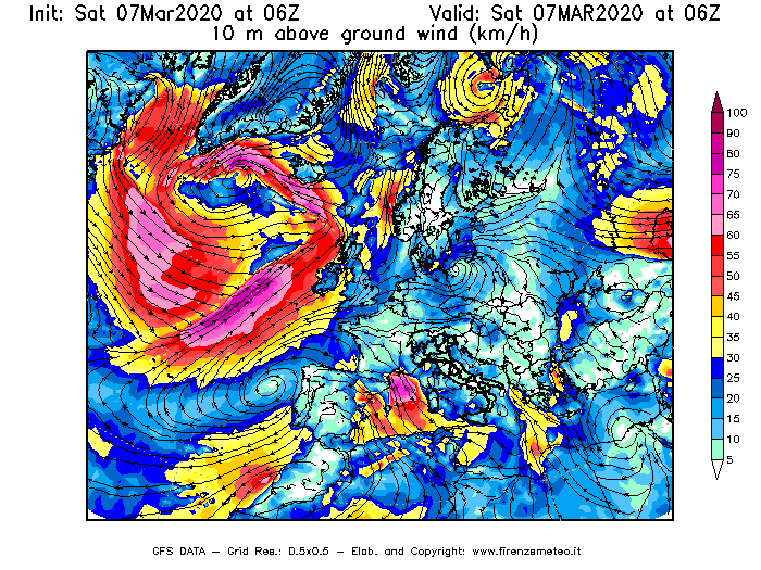 Mappa di analisi GFS - Velocità del vento a 10 metri dal suolo [km/h] in Europa
							del 07/03/2020 06 <!--googleoff: index-->UTC<!--googleon: index-->