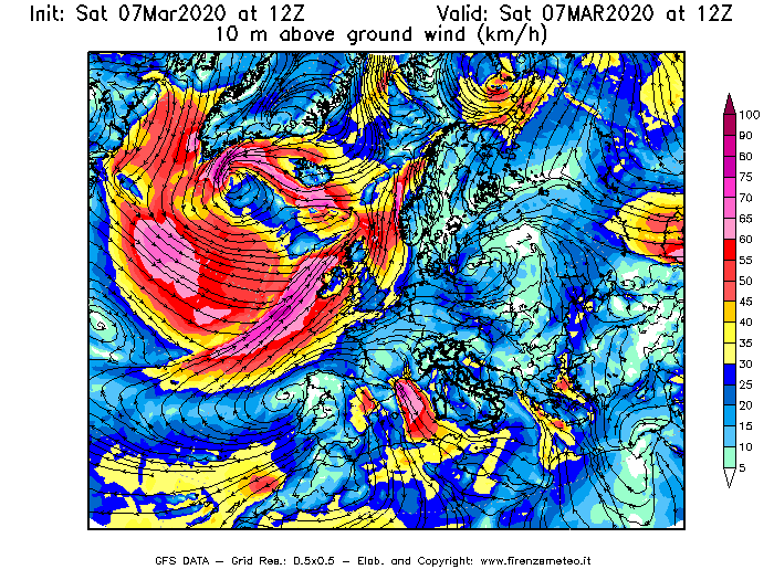 Mappa di analisi GFS - Velocità del vento a 10 metri dal suolo [km/h] in Europa
							del 07/03/2020 12 <!--googleoff: index-->UTC<!--googleon: index-->
