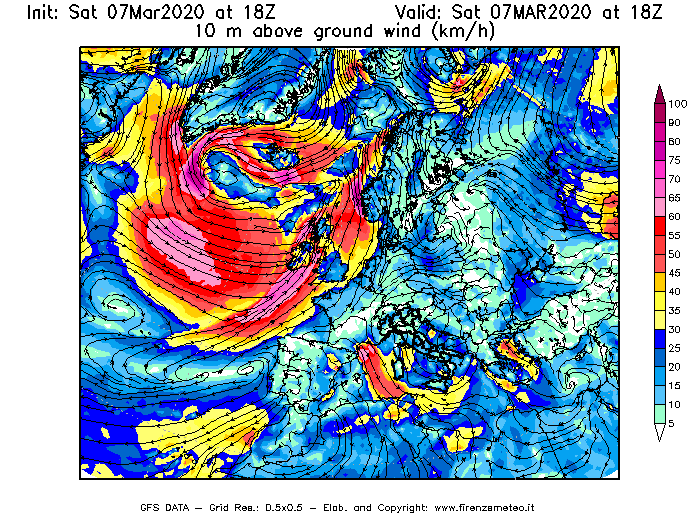 Mappa di analisi GFS - Velocità del vento a 10 metri dal suolo [km/h] in Europa
							del 07/03/2020 18 <!--googleoff: index-->UTC<!--googleon: index-->