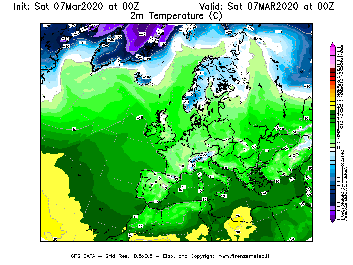 Mappa di analisi GFS - Temperatura a 2 metri dal suolo [°C] in Europa
							del 07/03/2020 00 <!--googleoff: index-->UTC<!--googleon: index-->