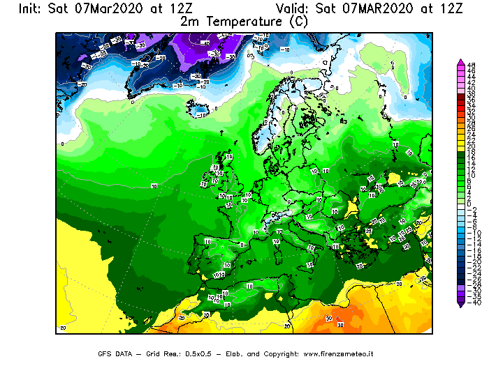 Mappa di analisi GFS - Temperatura a 2 metri dal suolo [°C] in Europa
							del 07/03/2020 12 <!--googleoff: index-->UTC<!--googleon: index-->