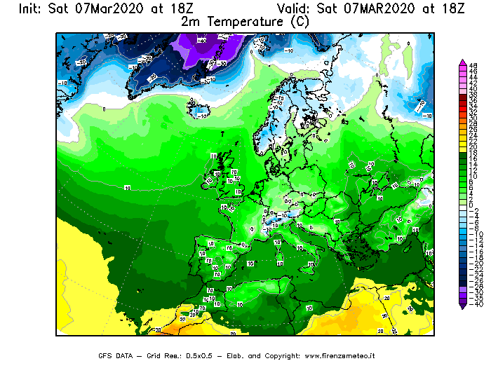 Mappa di analisi GFS - Temperatura a 2 metri dal suolo [°C] in Europa
							del 07/03/2020 18 <!--googleoff: index-->UTC<!--googleon: index-->