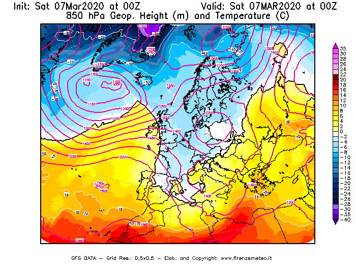 Mappa di analisi GFS - Geopotenziale [m] e Temperatura [°C] a 850 hPa in Europa
							del 07/03/2020 00 <!--googleoff: index-->UTC<!--googleon: index-->