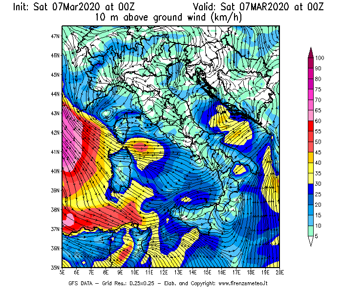 Mappa di analisi GFS - Velocità del vento a 10 metri dal suolo [km/h] in Italia
							del 07/03/2020 00 <!--googleoff: index-->UTC<!--googleon: index-->