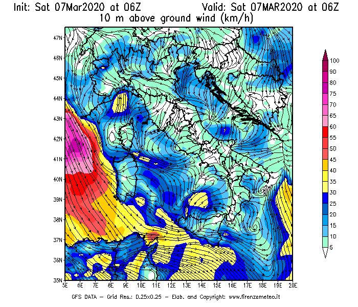 Mappa di analisi GFS - Velocità del vento a 10 metri dal suolo [km/h] in Italia
							del 07/03/2020 06 <!--googleoff: index-->UTC<!--googleon: index-->