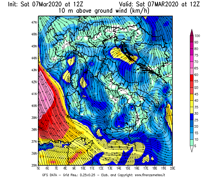 Mappa di analisi GFS - Velocità del vento a 10 metri dal suolo [km/h] in Italia
							del 07/03/2020 12 <!--googleoff: index-->UTC<!--googleon: index-->