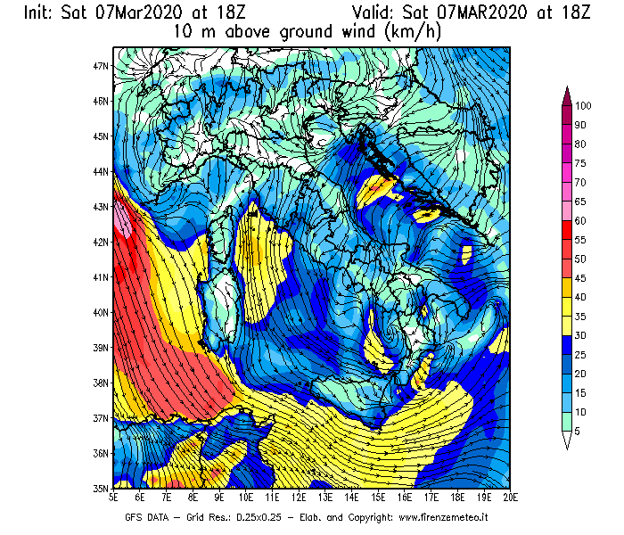 Mappa di analisi GFS - Velocità del vento a 10 metri dal suolo [km/h] in Italia
							del 07/03/2020 18 <!--googleoff: index-->UTC<!--googleon: index-->