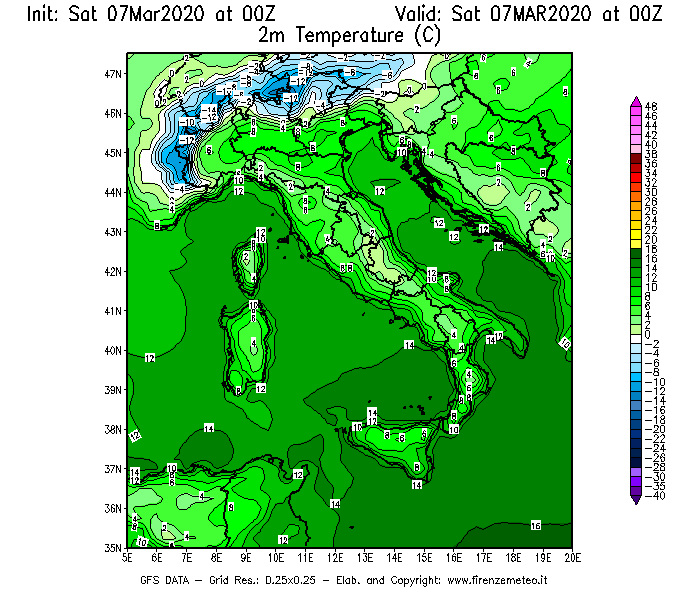 Mappa di analisi GFS - Temperatura a 2 metri dal suolo [°C] in Italia
							del 07/03/2020 00 <!--googleoff: index-->UTC<!--googleon: index-->