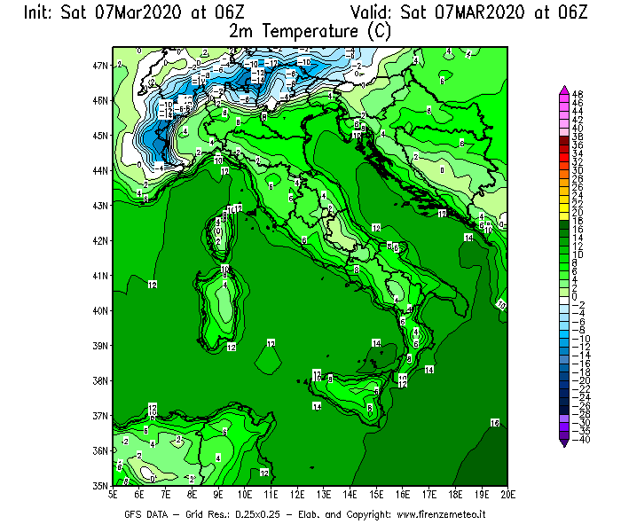 Mappa di analisi GFS - Temperatura a 2 metri dal suolo [°C] in Italia
							del 07/03/2020 06 <!--googleoff: index-->UTC<!--googleon: index-->