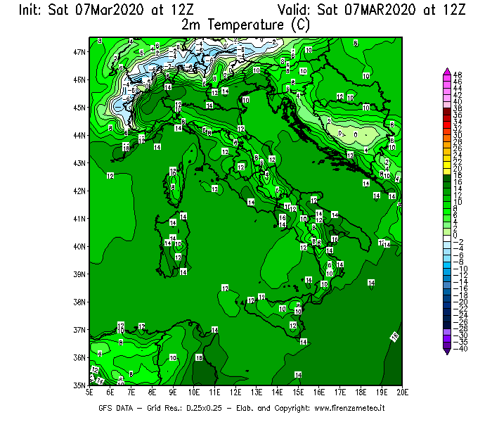 Mappa di analisi GFS - Temperatura a 2 metri dal suolo [°C] in Italia
							del 07/03/2020 12 <!--googleoff: index-->UTC<!--googleon: index-->