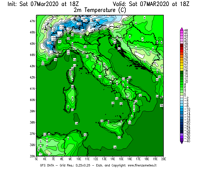 Mappa di analisi GFS - Temperatura a 2 metri dal suolo [°C] in Italia
							del 07/03/2020 18 <!--googleoff: index-->UTC<!--googleon: index-->