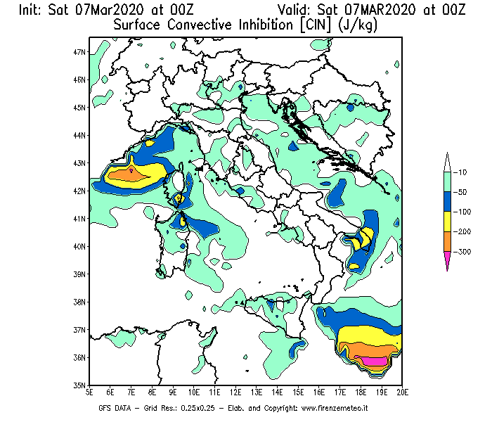 Mappa di analisi GFS - CIN [J/kg] in Italia
							del 07/03/2020 00 <!--googleoff: index-->UTC<!--googleon: index-->