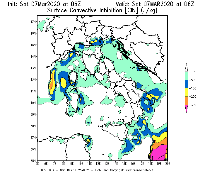 Mappa di analisi GFS - CIN [J/kg] in Italia
							del 07/03/2020 06 <!--googleoff: index-->UTC<!--googleon: index-->