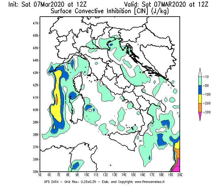 Mappa di analisi GFS - CIN [J/kg] in Italia
							del 07/03/2020 12 <!--googleoff: index-->UTC<!--googleon: index-->
