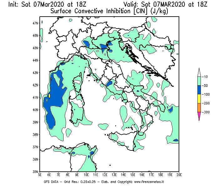 Mappa di analisi GFS - CIN [J/kg] in Italia
							del 07/03/2020 18 <!--googleoff: index-->UTC<!--googleon: index-->