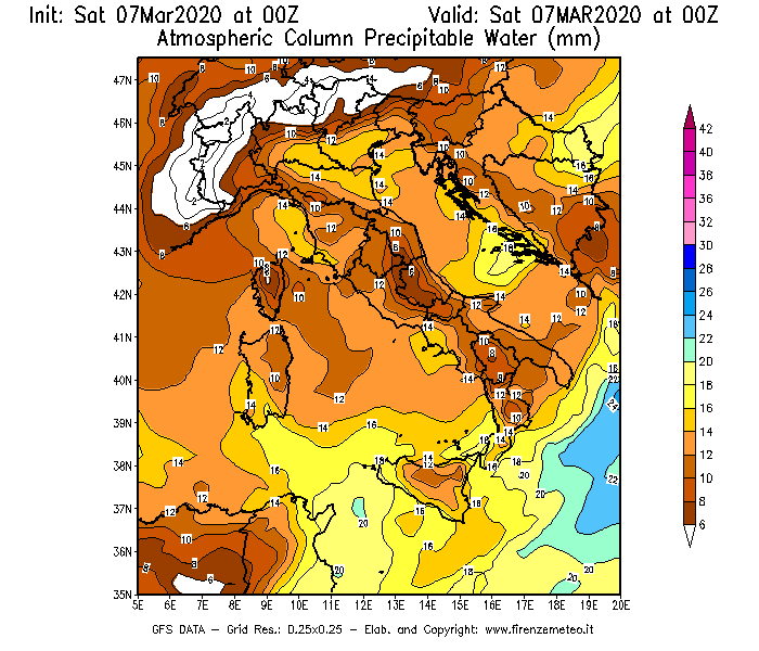 Mappa di analisi GFS - Precipitable Water [mm] in Italia
							del 07/03/2020 00 <!--googleoff: index-->UTC<!--googleon: index-->