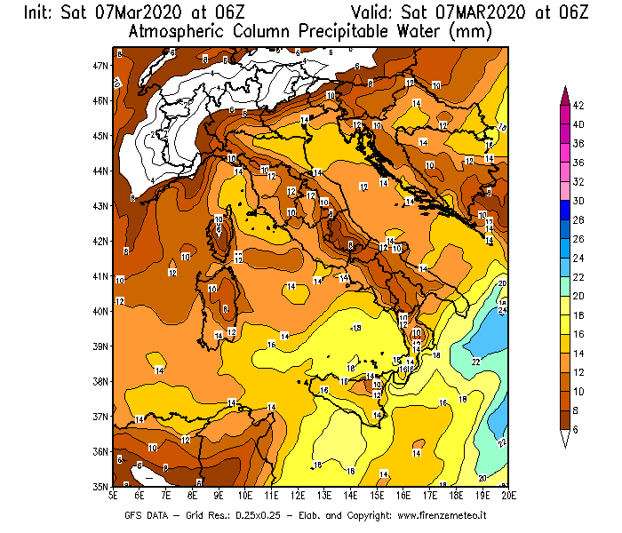 Mappa di analisi GFS - Precipitable Water [mm] in Italia
							del 07/03/2020 06 <!--googleoff: index-->UTC<!--googleon: index-->