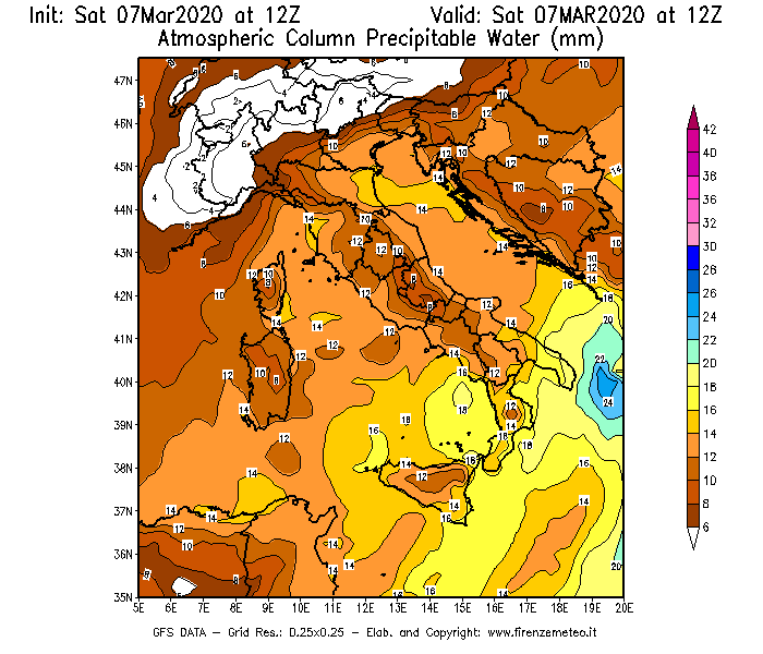 Mappa di analisi GFS - Precipitable Water [mm] in Italia
							del 07/03/2020 12 <!--googleoff: index-->UTC<!--googleon: index-->