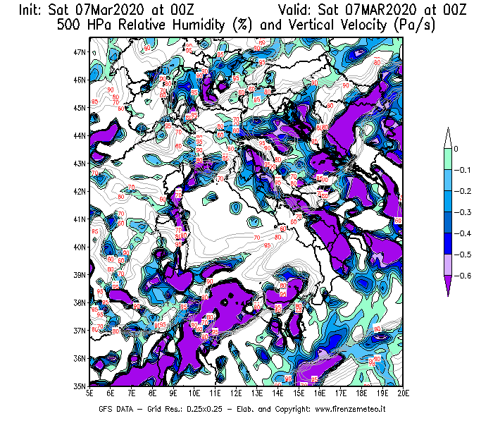 Mappa di analisi GFS - Umidità relativa [%] e Omega [Pa/s] a 500 hPa in Italia
							del 07/03/2020 00 <!--googleoff: index-->UTC<!--googleon: index-->