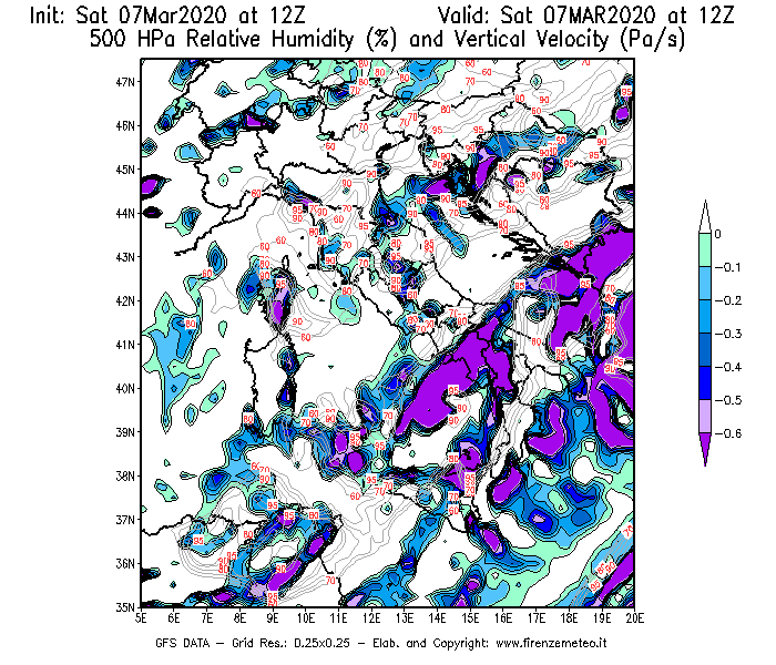 Mappa di analisi GFS - Umidità relativa [%] e Omega [Pa/s] a 500 hPa in Italia
							del 07/03/2020 12 <!--googleoff: index-->UTC<!--googleon: index-->