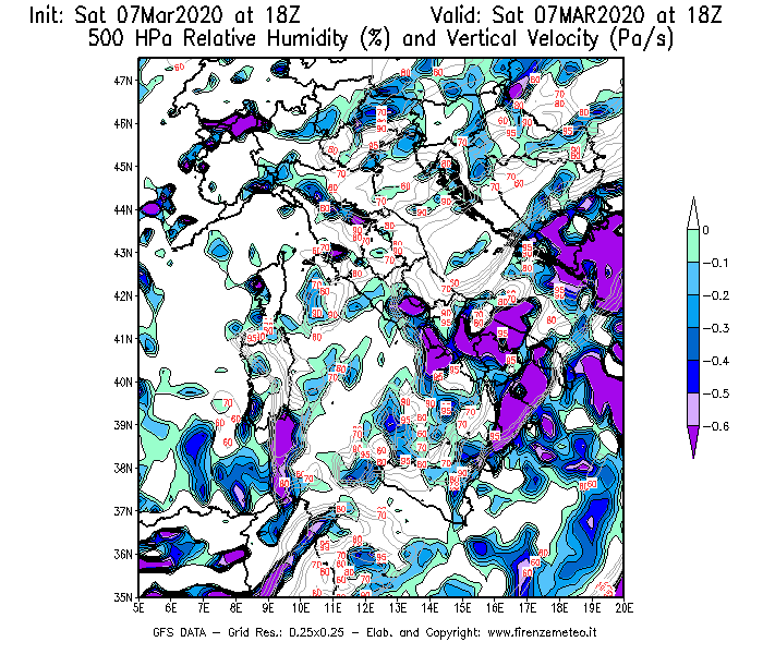 Mappa di analisi GFS - Umidità relativa [%] e Omega [Pa/s] a 500 hPa in Italia
							del 07/03/2020 18 <!--googleoff: index-->UTC<!--googleon: index-->