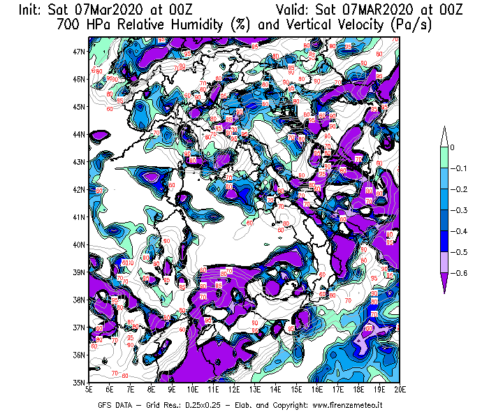 Mappa di analisi GFS - Umidità relativa [%] e Omega [Pa/s] a 700 hPa in Italia
							del 07/03/2020 00 <!--googleoff: index-->UTC<!--googleon: index-->
