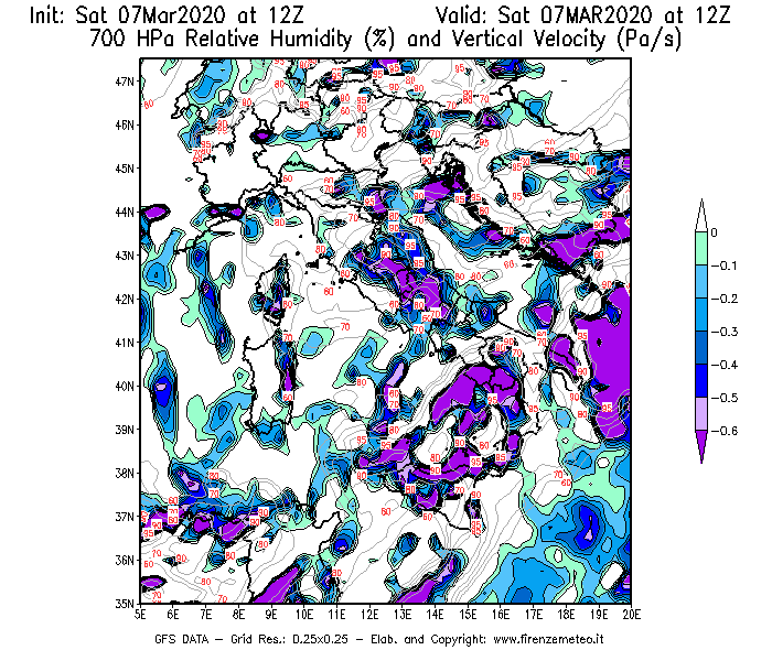 Mappa di analisi GFS - Umidità relativa [%] e Omega [Pa/s] a 700 hPa in Italia
							del 07/03/2020 12 <!--googleoff: index-->UTC<!--googleon: index-->
