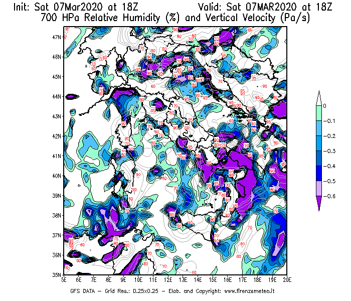 Mappa di analisi GFS - Umidità relativa [%] e Omega [Pa/s] a 700 hPa in Italia
							del 07/03/2020 18 <!--googleoff: index-->UTC<!--googleon: index-->