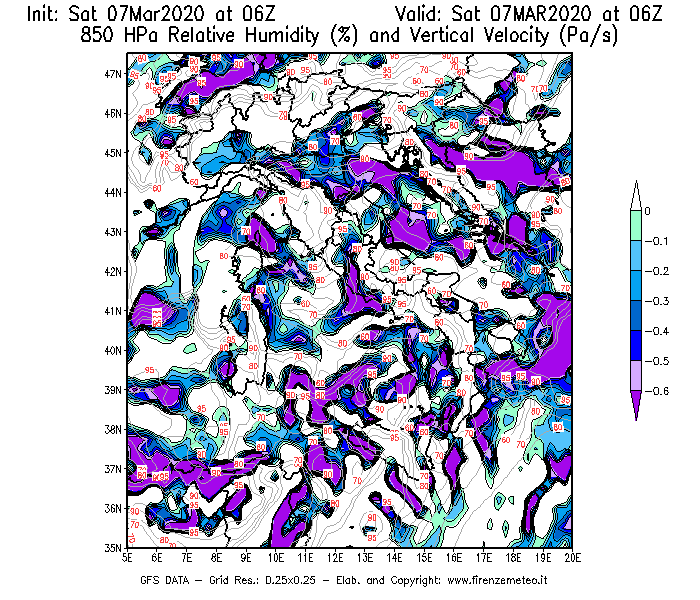 Mappa di analisi GFS - Umidità relativa [%] e Omega [Pa/s] a 850 hPa in Italia
							del 07/03/2020 06 <!--googleoff: index-->UTC<!--googleon: index-->