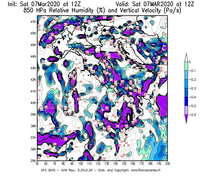 Mappa di analisi GFS - Umidità relativa [%] e Omega [Pa/s] a 850 hPa in Italia
							del 07/03/2020 12 <!--googleoff: index-->UTC<!--googleon: index-->