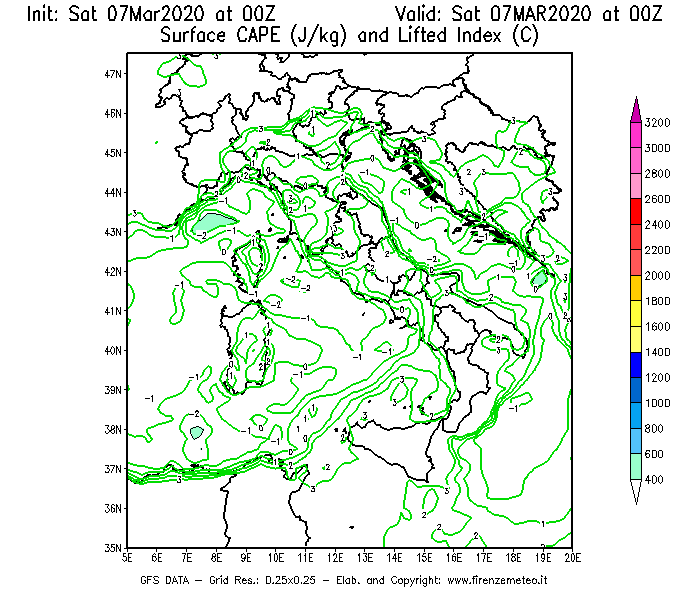 Mappa di analisi GFS - CAPE [J/kg] e Lifted Index [°C] in Italia
							del 07/03/2020 00 <!--googleoff: index-->UTC<!--googleon: index-->