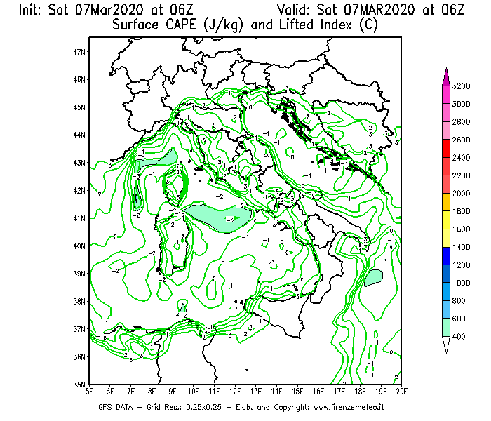 Mappa di analisi GFS - CAPE [J/kg] e Lifted Index [°C] in Italia
							del 07/03/2020 06 <!--googleoff: index-->UTC<!--googleon: index-->