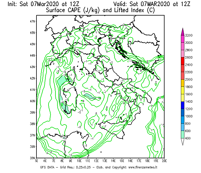 Mappa di analisi GFS - CAPE [J/kg] e Lifted Index [°C] in Italia
							del 07/03/2020 12 <!--googleoff: index-->UTC<!--googleon: index-->