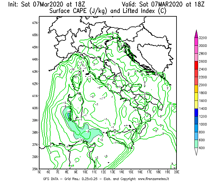Mappa di analisi GFS - CAPE [J/kg] e Lifted Index [°C] in Italia
							del 07/03/2020 18 <!--googleoff: index-->UTC<!--googleon: index-->