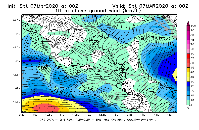 Mappa di analisi GFS - Velocità del vento a 10 metri dal suolo [km/h] in Centro-Italia
							del 07/03/2020 00 <!--googleoff: index-->UTC<!--googleon: index-->