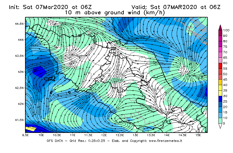 Mappa di analisi GFS - Velocità del vento a 10 metri dal suolo [km/h] in Centro-Italia
							del 07/03/2020 06 <!--googleoff: index-->UTC<!--googleon: index-->