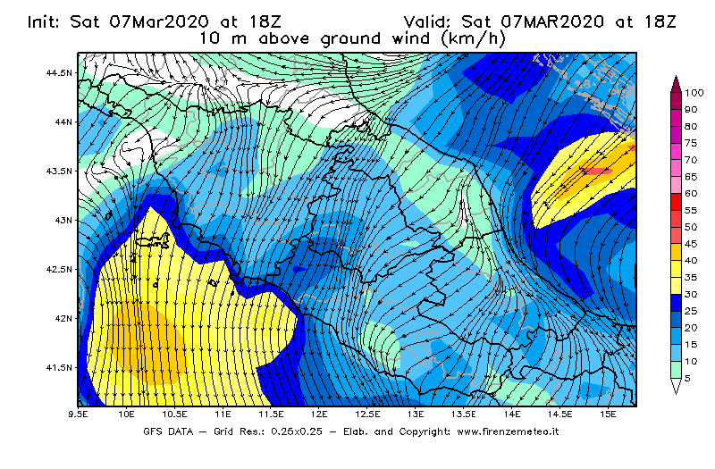 Mappa di analisi GFS - Velocità del vento a 10 metri dal suolo [km/h] in Centro-Italia
							del 07/03/2020 18 <!--googleoff: index-->UTC<!--googleon: index-->
