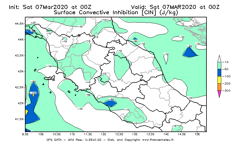 Mappa di analisi GFS - CIN [J/kg] in Centro-Italia
							del 07/03/2020 00 <!--googleoff: index-->UTC<!--googleon: index-->