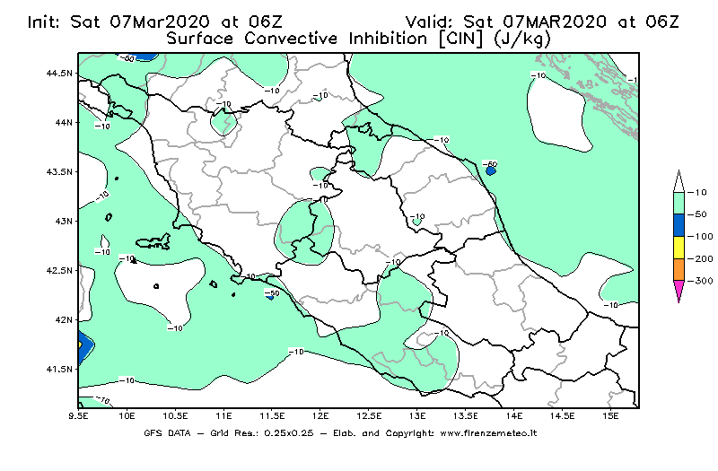 Mappa di analisi GFS - CIN [J/kg] in Centro-Italia
							del 07/03/2020 06 <!--googleoff: index-->UTC<!--googleon: index-->