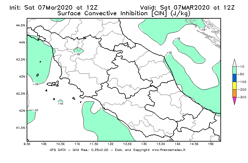Mappa di analisi GFS - CIN [J/kg] in Centro-Italia
							del 07/03/2020 12 <!--googleoff: index-->UTC<!--googleon: index-->