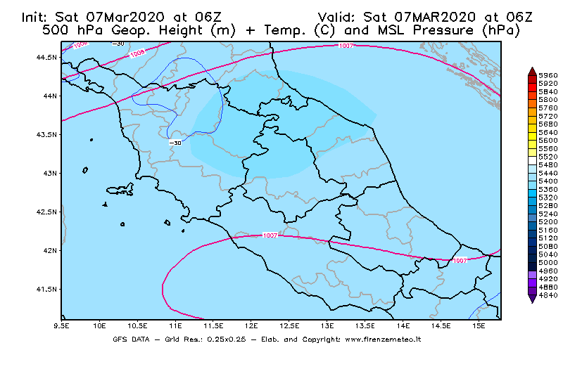 Mappa di analisi GFS - Geopotenziale [m] + Temp. [°C] a 500 hPa + Press. a livello del mare [hPa] in Centro-Italia
							del 07/03/2020 06 <!--googleoff: index-->UTC<!--googleon: index-->