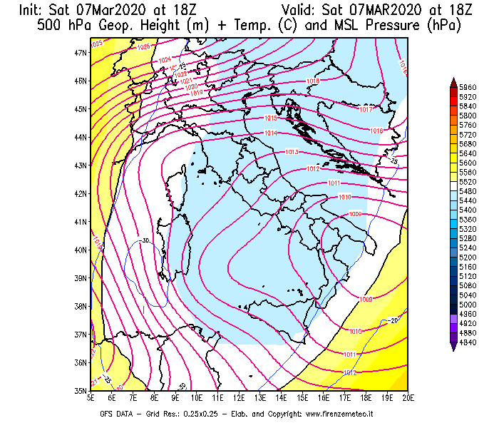 Mappa di analisi GFS - Geopotenziale [m] + Temp. [°C] a 500 hPa + Press. a livello del mare [hPa] in Italia
							del 07/03/2020 18 <!--googleoff: index-->UTC<!--googleon: index-->